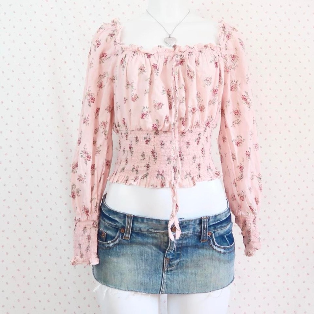 vintage iky & me pink floral milkmaid blouse smocked long sleeve coquette y2k
